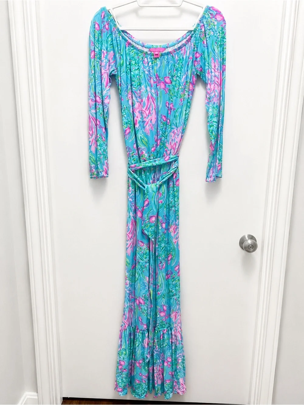 Lilly Pulitzer Odella Maxi Dress | XS | Off-the-Shoulder | Ocean Print | - Picture 2 of 7